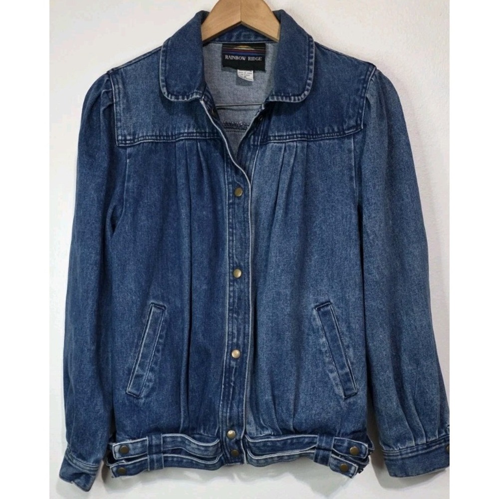 80s Jean‎ Jacket Women M Pleated Denim Puff Sleeve Western Retro Vintage Bomber